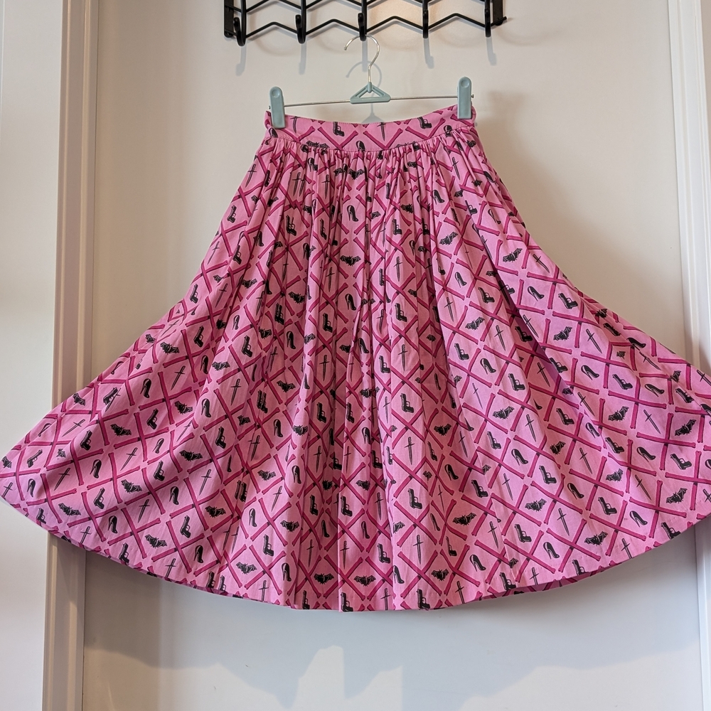 Vixen by Micheline Pitt Pink and Black Pleated Midi Skirt